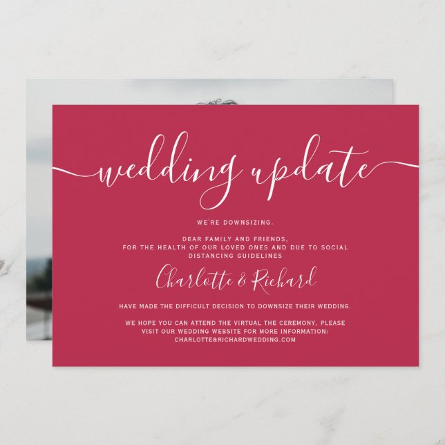 Script magenta and white wedding downsizing photo announcement (Front/Back)