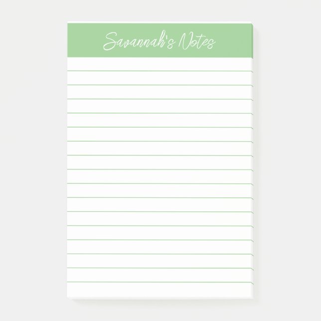 Script Medium Sage Green Lined Personalized Post-it Notes (Front)