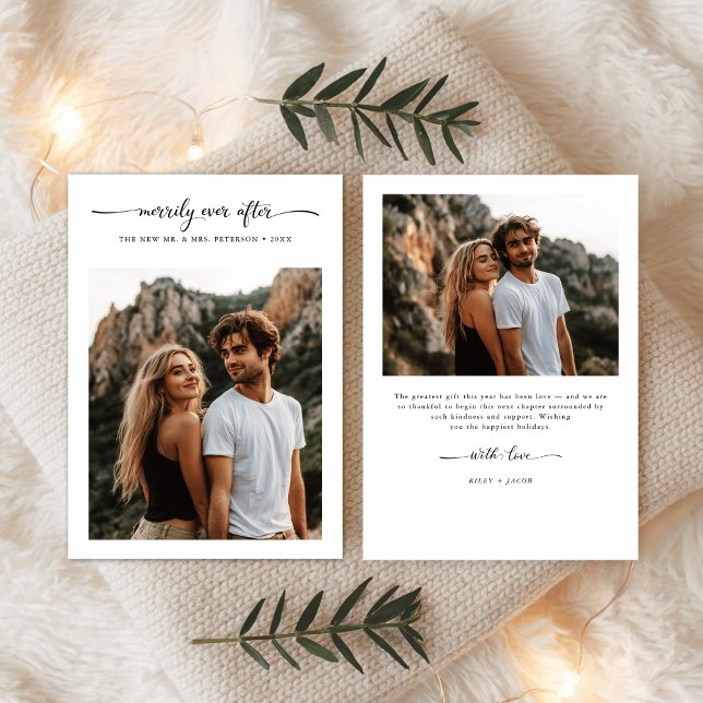 Script Merrily Ever After Christmas Wedding Photo Holiday Card (Creator Uploaded)