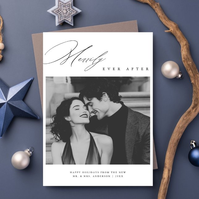 Script Merrily Ever After Newlywed Christmas Photo Holiday Card (Creator Uploaded)