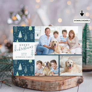 Script MERRY CHRISTMAS Blue Green Trees 3 Photos Holiday Card