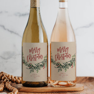Script Merry Christmas Branch with Berries Wine Label