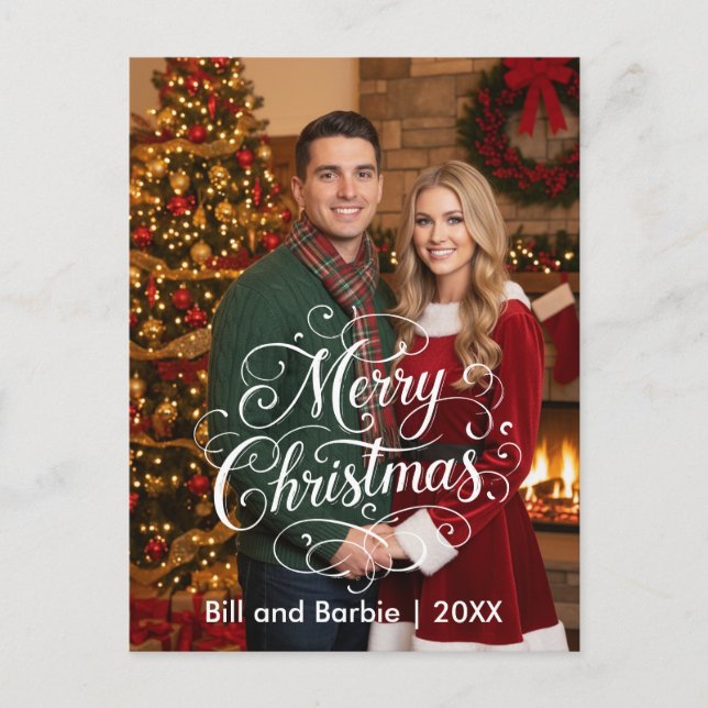 Script Merry Christmas Couples Photo Front Holiday Postcard (Front)