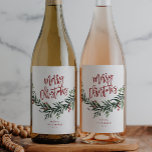 Script Merry Christmas Greenery Holiday Party Wine Label<br><div class="desc">A festive,  red,  green and white merry christmas wine label featuring bold script and watercolor greenery with leaves and berries. Makes a great gift or christmas holiday party favour.</div>