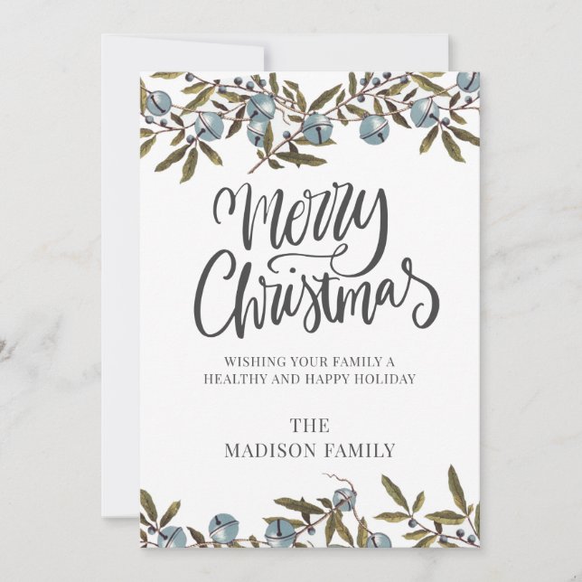 Script Merry Christmas Illustrated Bells Holiday Card (Front)