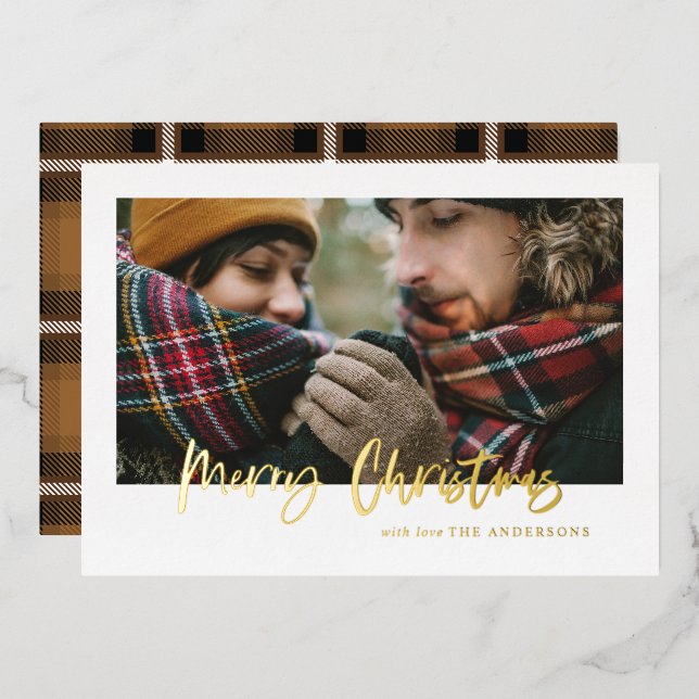  script merry christmas mustard tartan photo  foil holiday card (Front/Back)
