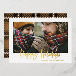  script merry christmas mustard tartan photo  foil holiday card