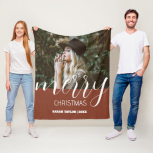 Script Merry Christmas Photo Name Personalised  Fleece Blanket