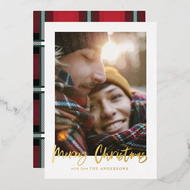  script merry christmas red tartan photo  foil holiday card (Front/Back)