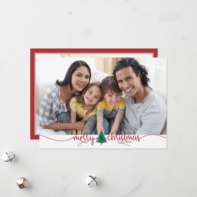 Script Merry Christmas Tree Red Green 2 Photo Holiday Card (Front/Back In Situ)