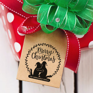 Script Merry Christmas Wreath Cat Return Address Rubber Stamp