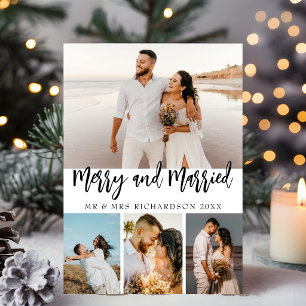 Script Merry & Married 4 Photo Collage Christmas  Holiday Card
