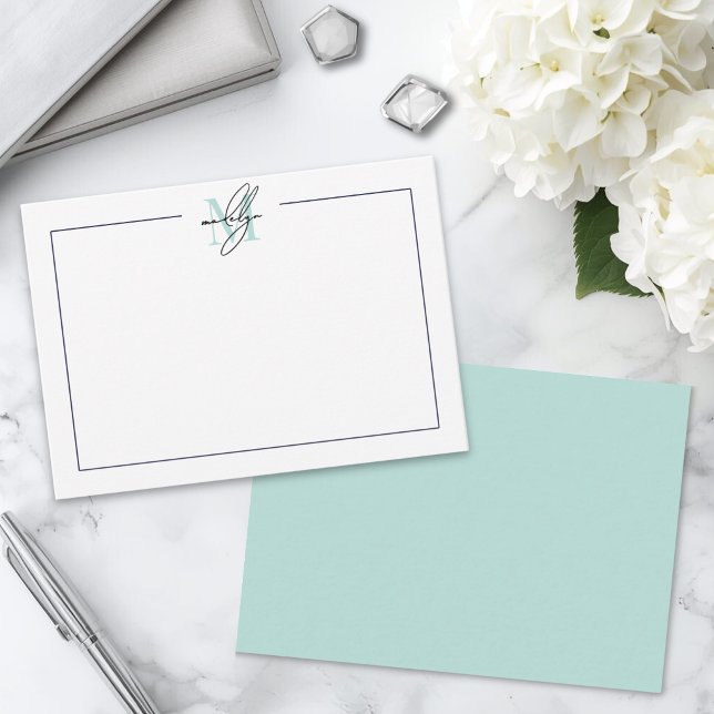 Script Minimalist Teal Blue Name Monogram Card (Script Minimalist Teal Blue Name Monogram Note Card)