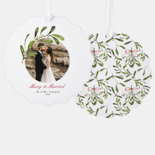Script & Mistletoe Merry & Married Photo Tree Decoration Card
