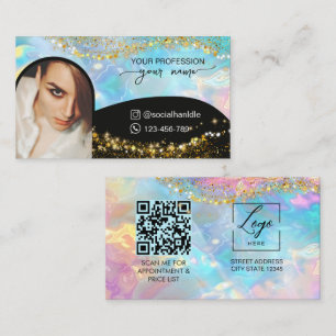 Script Modern arch holographic opal qr code logo Business Card