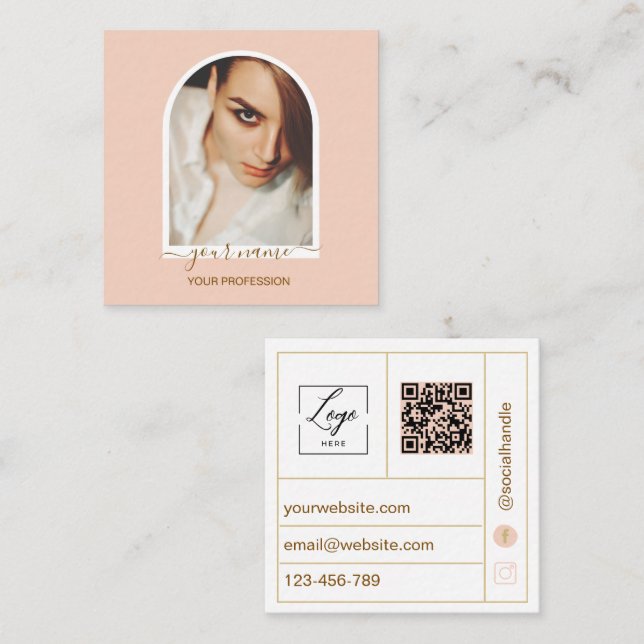 Script Modern arch pink photo qr code logo Square Business Card (Front/Back)