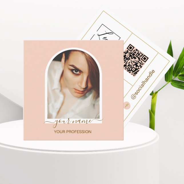 Script Modern arch pink photo qr code logo Square Business Card (Creator Uploaded)