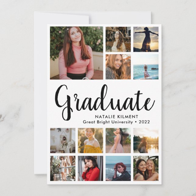 Script Modern Graduate 14 Photo Collage Graduation Invitation (Front)