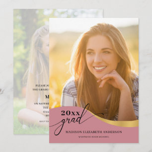 Script Modern Shape Photo Rose Gold Graduation Invitation