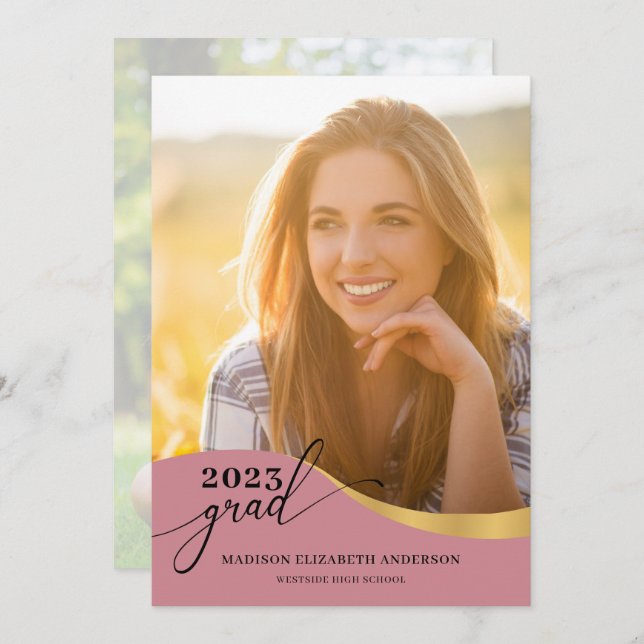 Script Modern Shape Photo Rose Gold Graduation Invitation (Front/Back)