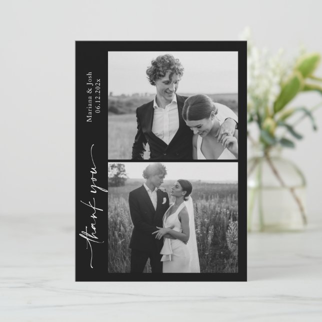 Script Modern Wedding 2 Photos Thank You Card (Standing Front)