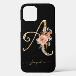 Script Monogram A Black Gold BOHO Pink Floral Leaf iPhone 12 Case