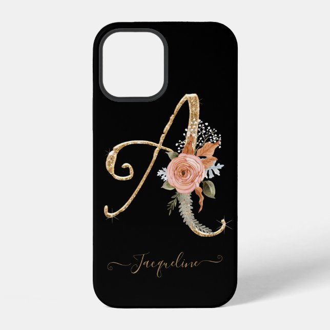 Script Monogram A Black Gold BOHO Pink Floral Leaf iPhone Case (Back)