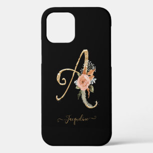 Script Monogram A Black Gold BOHO Pink Floral Leaf iPhone 12 Case
