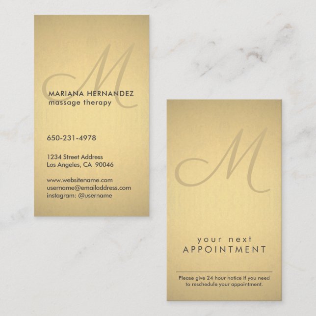 Script Monogram Black and Gold Faux Foil Vertical Appointment Card (Front/Back)