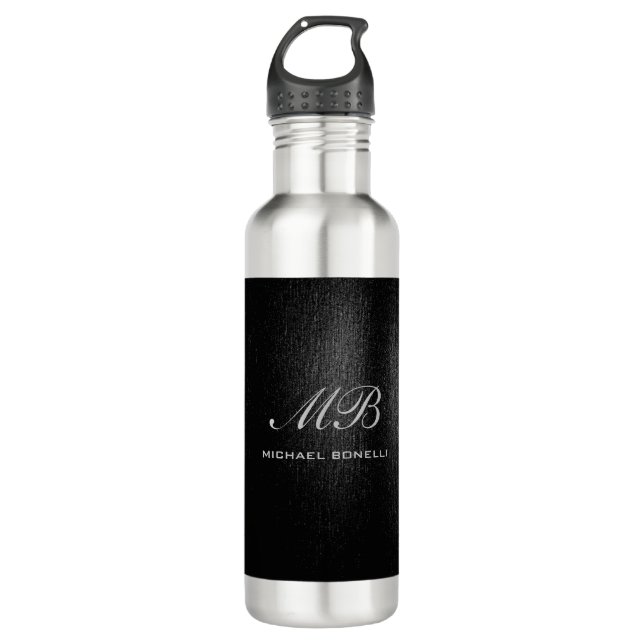 Script monogram black grey modern cute 710 ml water bottle (Front)