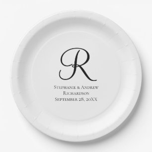 Script Monogram Black White Elegant Wedding Paper Plate