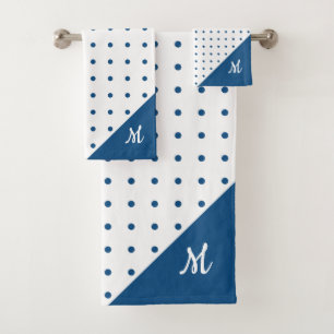Script Monogram Blue on White Polka Dot Pattern Bath Towel Set