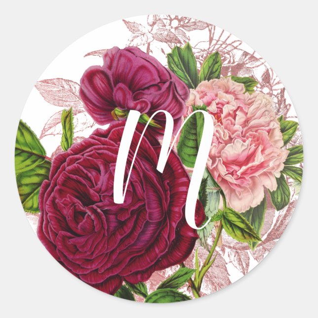 Script Monogram | Blush & Burgundy Floral Classic Round Sticker (Front)