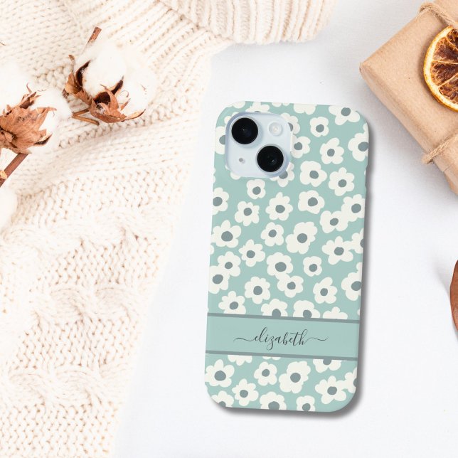 Script Monogram Boho Green White Grey Floral  iPhone 15 Case (Mint Green White Gray Floral Boho Monogrammed name iPhone case)