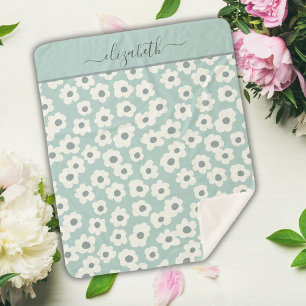 Script Monogram Boho Green White Grey Floral  Sherpa Blanket