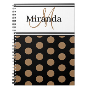 Script Monogram Brown Polka Dots Black White Notebook