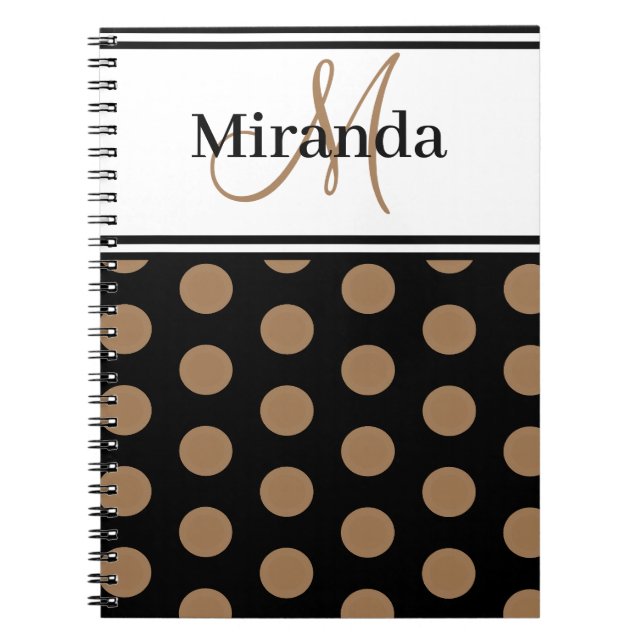 Script Monogram Brown Polka Dots Black White Notebook (Front)