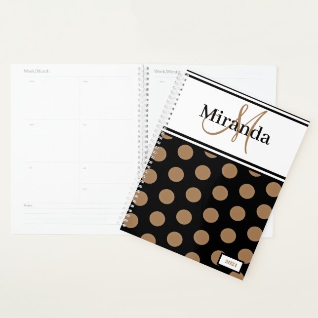 Script Monogram Brown Polka Dots Black White Planner (Display)