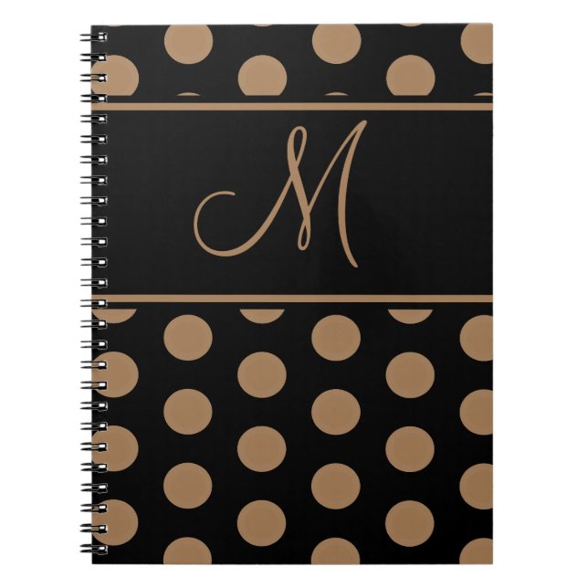 Script Monogram Brown Polka Dots on Black Notebook (Front)