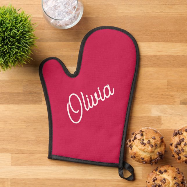 Script monogram, cherry pink new line oven mitt (Top down)