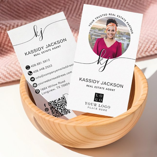 Script Monogram Circle Business Photo Logo QR Code Card (Script Monogram Circle Business Photo Logo QR Code Business Card)