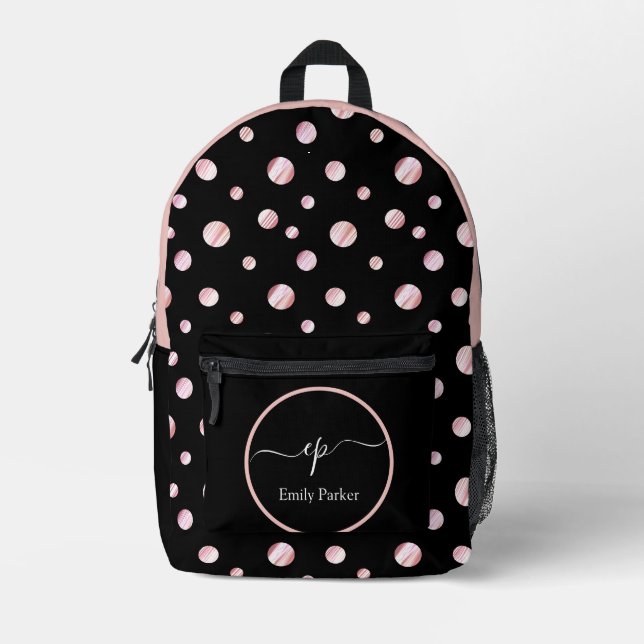 Script Monogram Custom Name Black Polka Dot Circle Printed Backpack (Front)