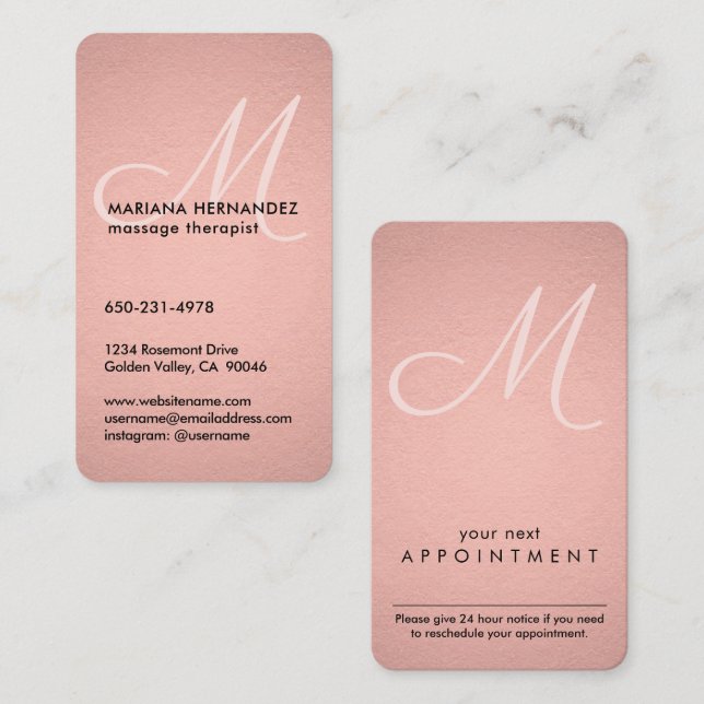 Script Monogram Faux Rose Gold Foil Pink Vertical Appointment Card (Front/Back)