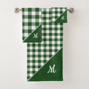 Script Monogram Green White Buffalo Plaid Pattern Bath Towel Set