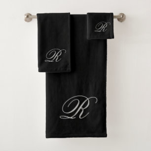 Script Monogram Initial Grey Black Bath Towel Set