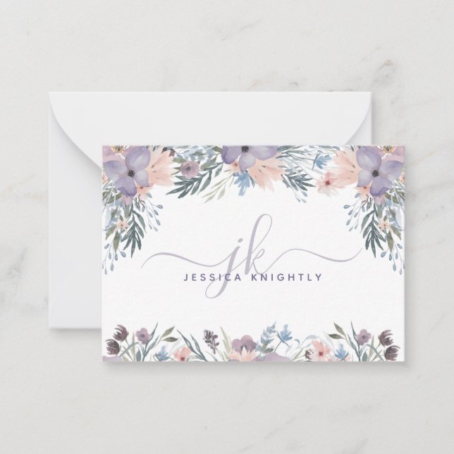 Script Monogram Initials Purple Floral Wildflowers Card (Front)