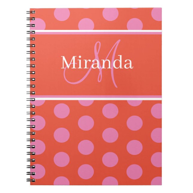 Script Monogram Pink Orange Polka Dots Notebook (Front)