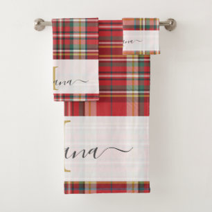 Script Monogram Plaid Rustic Red Name Bath Towel Set