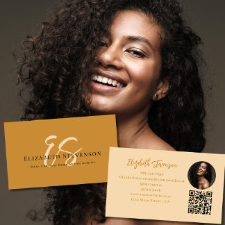 Script Monogram QR Code Photo Tan Brown Girly Business Card