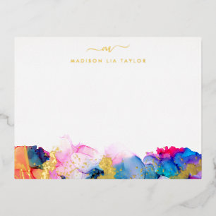 Script Monogram Rainbow Alcohol Ink Foil Note Card